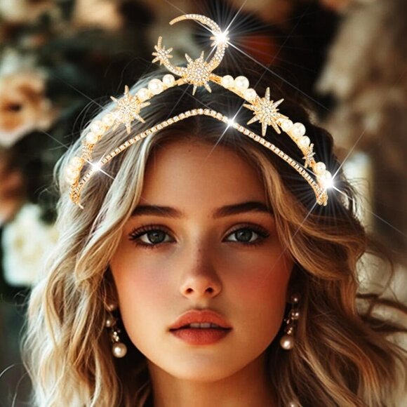 Moon Crown Headpiece Goddess Star Tiara Headband Gold Celestial for Women